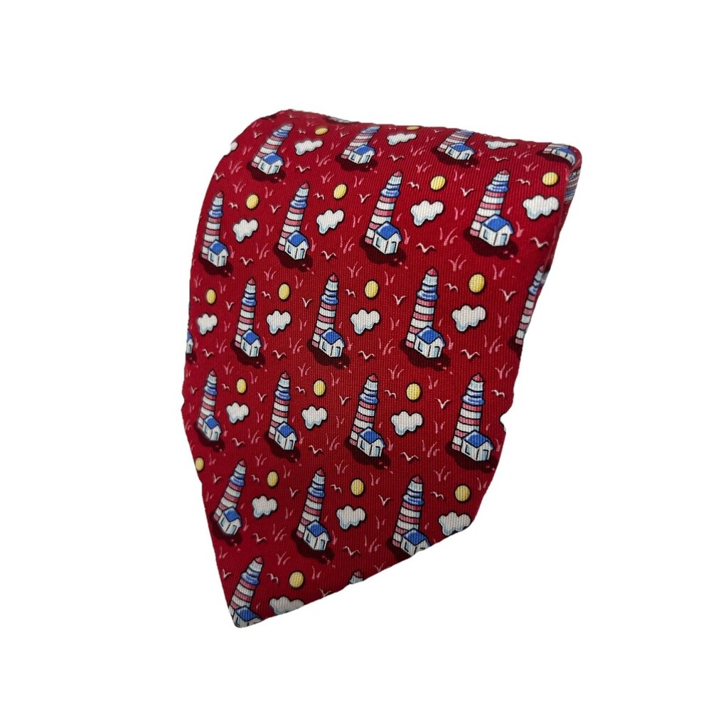 Vineyard Vines Red Lighthouse‎ Tie 100% Silk Nautical Print  58.75" x 3.5"